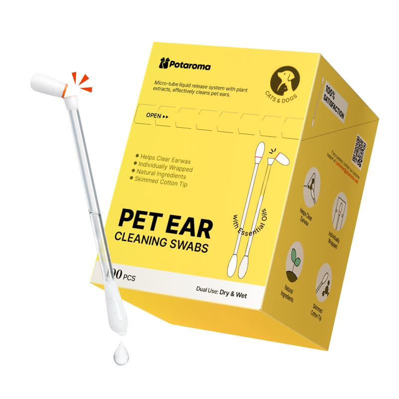 Potaroma Pet Ear Cleaning Cotton Swabs – Earwax & Odor Remover for Cats & Dogs, Individually Wrapped, Break-To-Release Liquid, Dry/Wet Dual-Use, 100 Pack with Aloe, Witch Hazel & Chamomile Formula