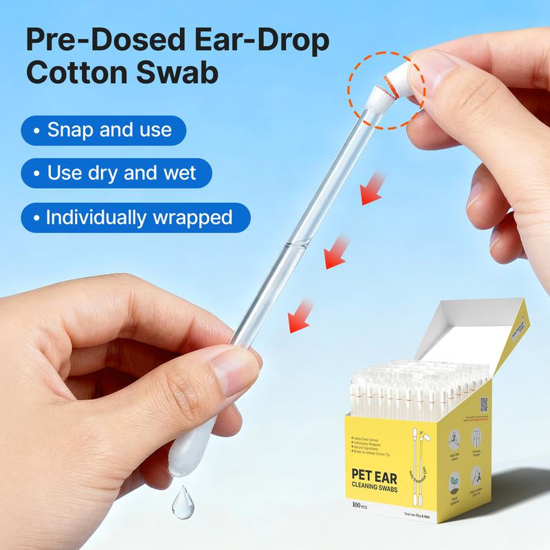 Potaroma Pet Ear Cleaning Cotton Swabs – Earwax & Odor Remover for Cats & Dogs, Individually Wrapped, Break-To-Release Liquid, Dry/Wet Dual-Use, 100 Pack with Aloe, Witch Hazel & Chamomile Formula