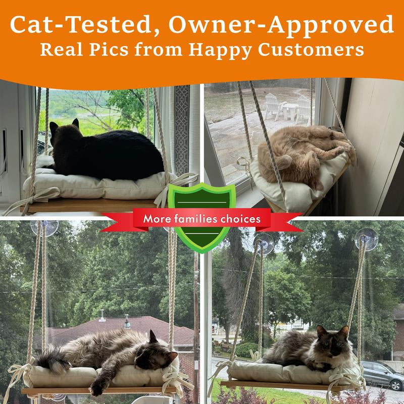 Cat Window Perch - Hammock Bed for Cats inside - Solid Wood Seat, 4 Strong Suction Cups, Soft Cushion - Rustic Indoor Pet Shelf