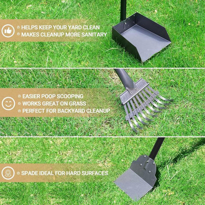 Ultimate Dog Waste Cleanup Kit - Adjustable Stainless Steel Handles - Includes Pooper Scooper, Poop Tray, and Rake Set Swivel Pooper