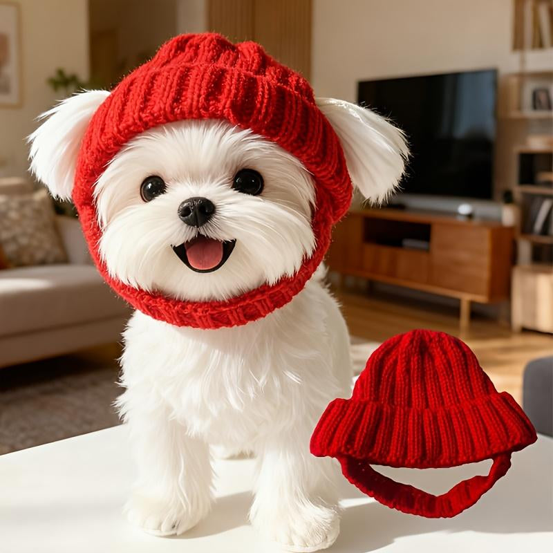 Maltese Dog Beanie Hat Cozy Red Winter with Ear Flaps Soft Knit Pet Hat for Small Dogs Indoor Outdoor Use Machine Washable Cute Dog Fashion Accessory Durable Pet Wear