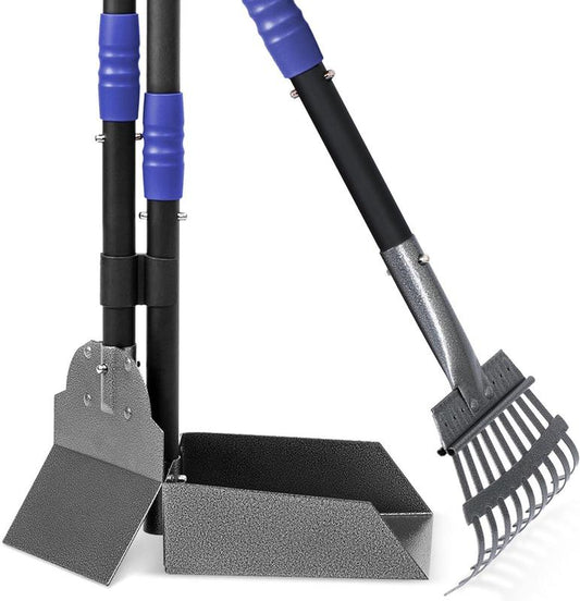 Ultimate Dog Waste Cleanup Kit - Adjustable Stainless Steel Handles - Includes Pooper Scooper, Poop Tray, and Rake Set Swivel Pooper