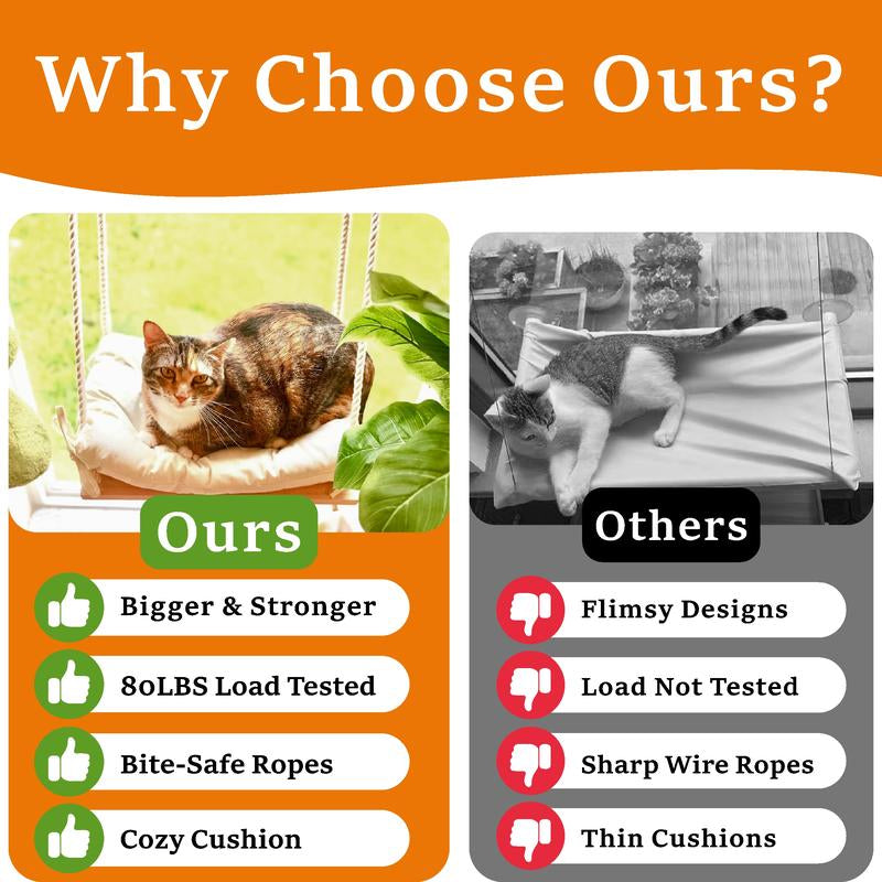 Cat Window Perch - Hammock Bed for Cats inside - Solid Wood Seat, 4 Strong Suction Cups, Soft Cushion - Rustic Indoor Pet Shelf