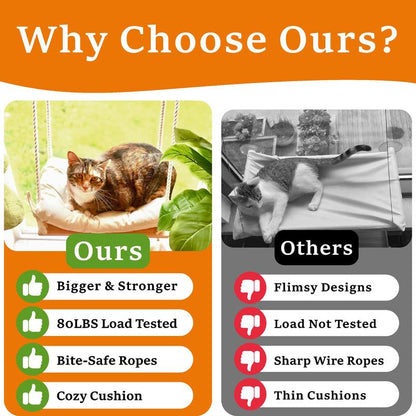 Cat Window Perch - Hammock Bed for Cats inside - Solid Wood Seat, 4 Strong Suction Cups, Soft Cushion - Rustic Indoor Pet Shelf