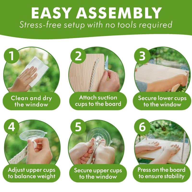 Cat Window Perch - Hammock Bed for Cats inside - Solid Wood Seat, 4 Strong Suction Cups, Soft Cushion - Rustic Indoor Pet Shelf