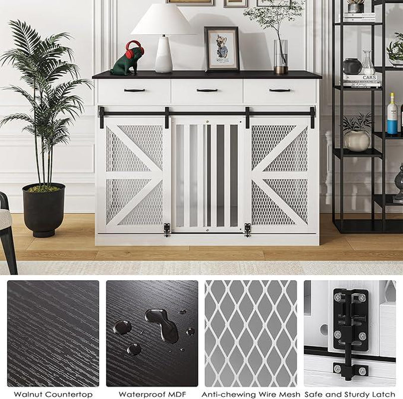 Multifunctional Three-Drawer Iron Mesh Barn Door with Adjustable Partitions Large Dog Cage 2-In-1 Farmhouse Dog Crate Furniture - Large Dog Kennel with Drawers Storage