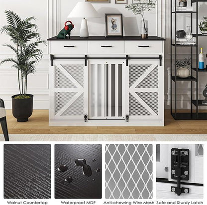 Multifunctional Three-Drawer Iron Mesh Barn Door with Adjustable Partitions Large Dog Cage 2-In-1 Farmhouse Dog Crate Furniture - Large Dog Kennel with Drawers Storage