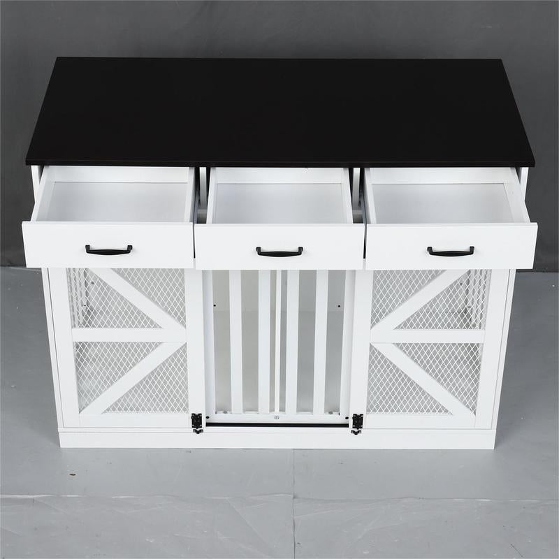 Multifunctional Three-Drawer Iron Mesh Barn Door with Adjustable Partitions Large Dog Cage 2-In-1 Farmhouse Dog Crate Furniture - Large Dog Kennel with Drawers Storage