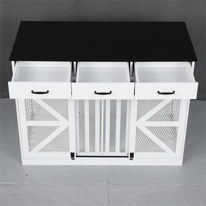 Multifunctional Three-Drawer Iron Mesh Barn Door with Adjustable Partitions Large Dog Cage 2-In-1 Farmhouse Dog Crate Furniture - Large Dog Kennel with Drawers Storage
