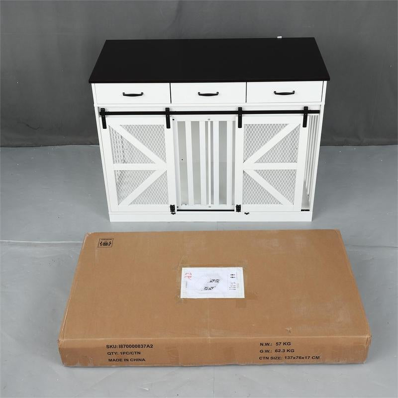 Multifunctional Three-Drawer Iron Mesh Barn Door with Adjustable Partitions Large Dog Cage 2-In-1 Farmhouse Dog Crate Furniture - Large Dog Kennel with Drawers Storage