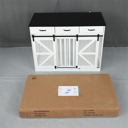 Multifunctional Three-Drawer Iron Mesh Barn Door with Adjustable Partitions Large Dog Cage 2-In-1 Farmhouse Dog Crate Furniture - Large Dog Kennel with Drawers Storage