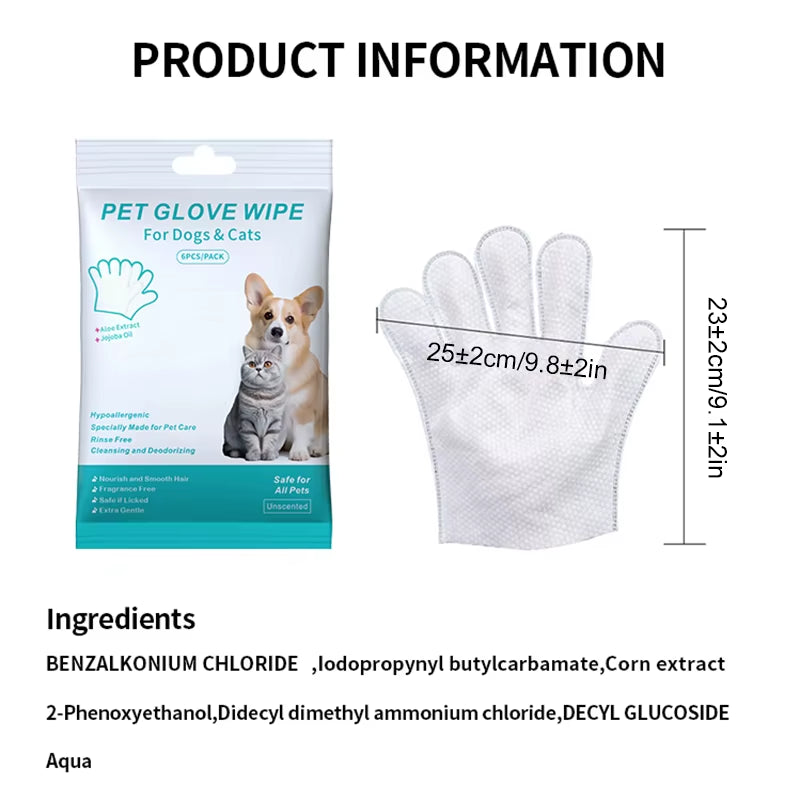 New 6PCS Pet Wash-Free Gloves Cat Bath Deodorant Wipes Disposable Cleaning Dry Cleaning Dog Wipes Gentle and Convenient Gloves