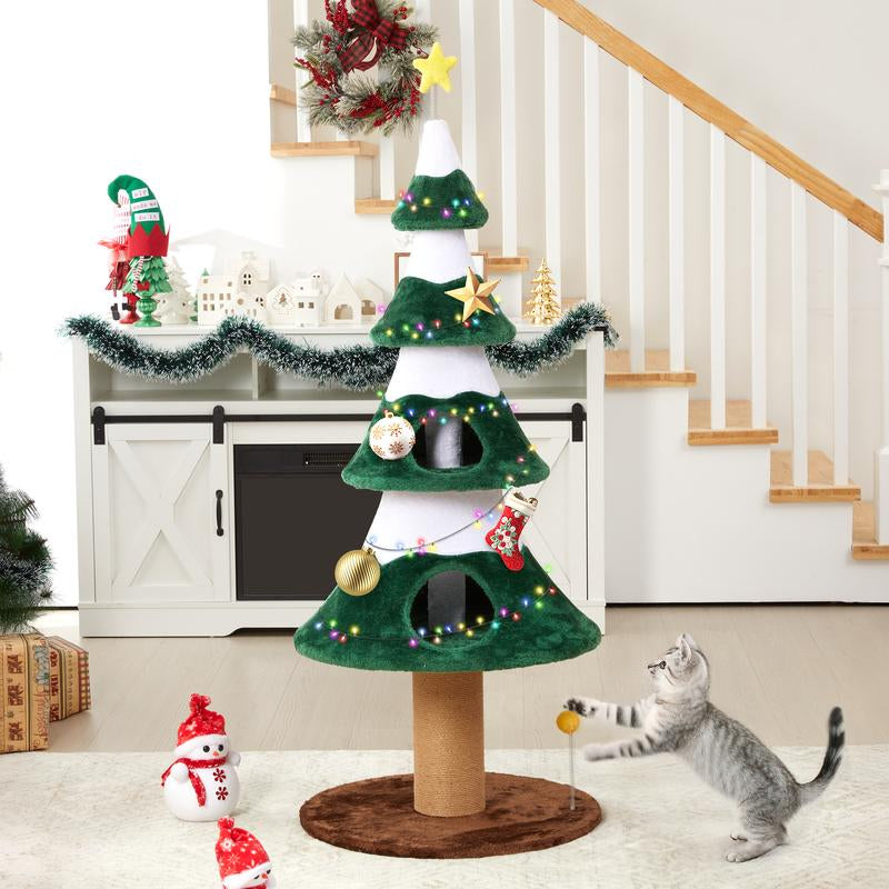 Royalcraft Christmas Tree Cat Tower for Indoor Cats, Multi-Level Wooden Cat Tree with Scratching Posts, Sisal Cat Scratcher & Cozy Cat Beds,Green
