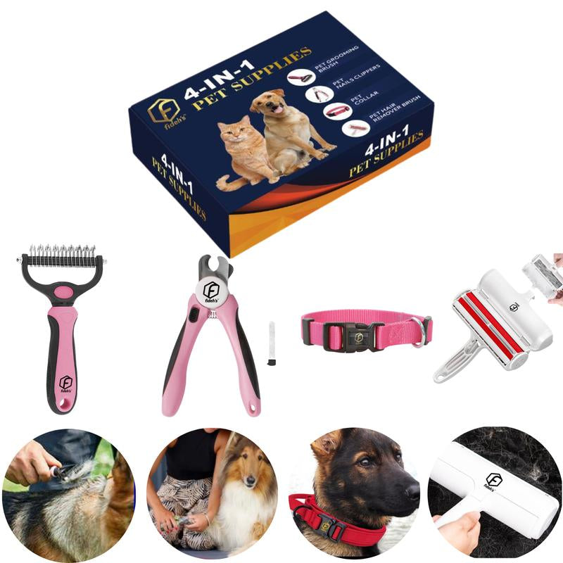 FIDEH’S 4-In-1 Pet Supplies-Reusable Cat and Dog Hair Remover Brush +Pet Grooming Double Sided Shedding Brush+Pet Nails Clippers & Trimmers+Razor Sharp Blade+Nylon Pet Collar for Medium Dogs (4Pcs Pink)