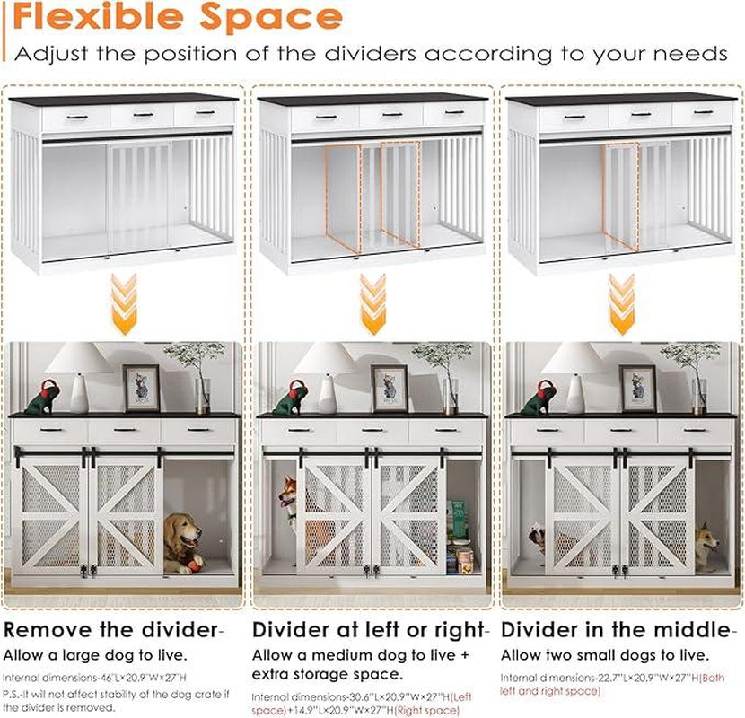 Multifunctional Three-Drawer Iron Mesh Barn Door with Adjustable Partitions Large Dog Cage 2-In-1 Farmhouse Dog Crate Furniture - Large Dog Kennel with Drawers Storage
