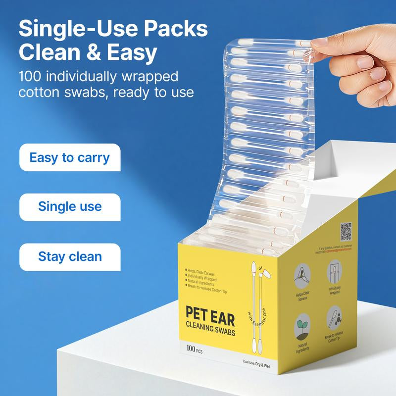 Potaroma Pet Ear Cleaning Cotton Swabs – Earwax & Odor Remover for Cats & Dogs, Individually Wrapped, Break-To-Release Liquid, Dry/Wet Dual-Use, 100 Pack with Aloe, Witch Hazel & Chamomile Formula
