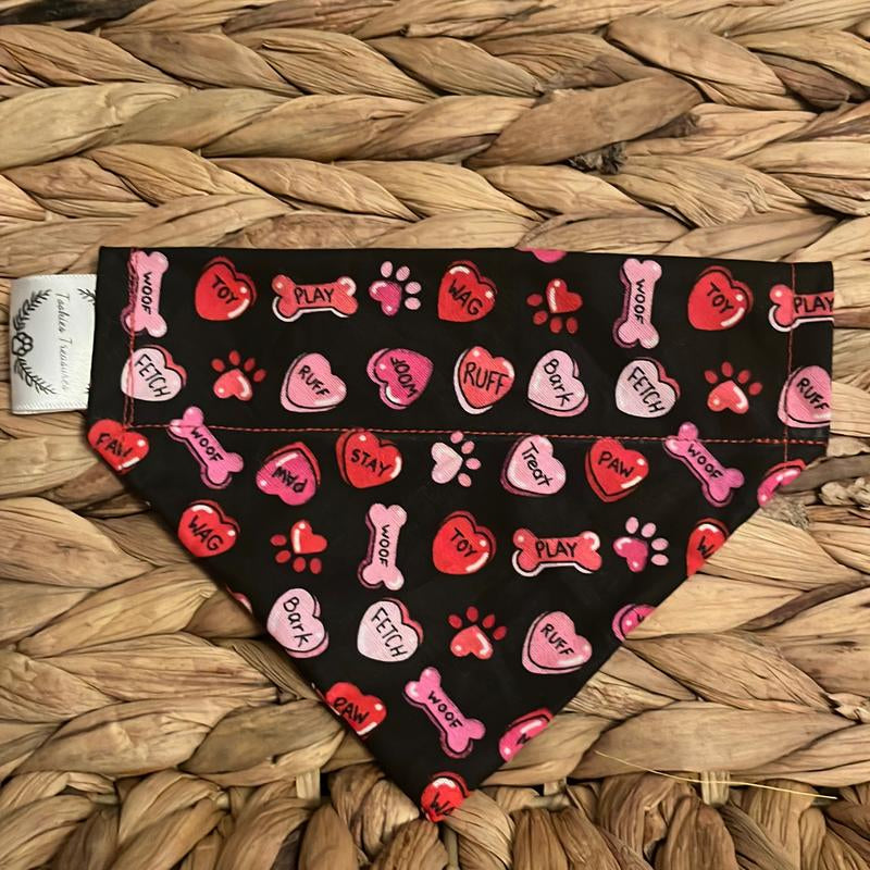 Valentines over the Collar Pet Bandana Cute Design with Hearts, Paws and Bones