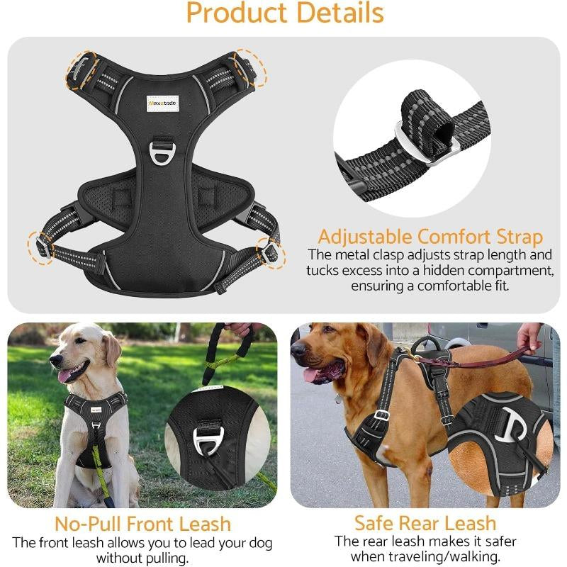 Adjustable No-Pull Dog Harness for Large Dogs 2 Leash Clips Reflective,No-Choke Pet Oxford Soft Padded Vest Comfortable,Breathable Mesh,Easy Control Handle for Easy Walking and Training,Xl