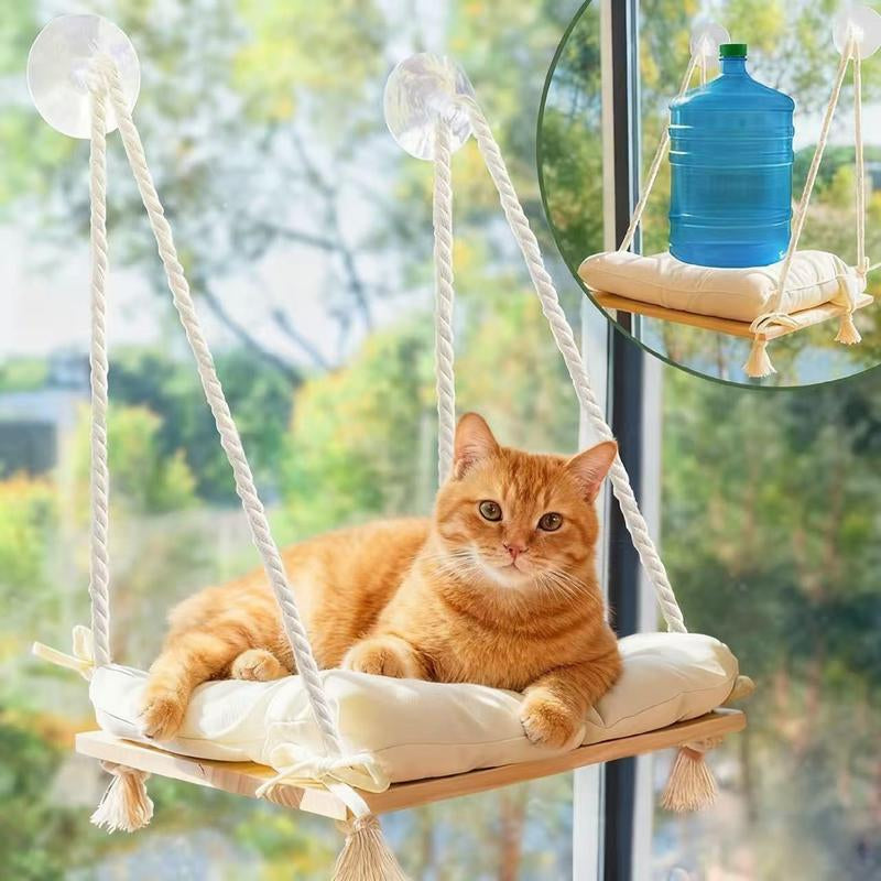 Cat Window Perch - Hammock Bed for Cats inside - Solid Wood Seat, 4 Strong Suction Cups, Soft Cushion - Rustic Indoor Pet Shelf
