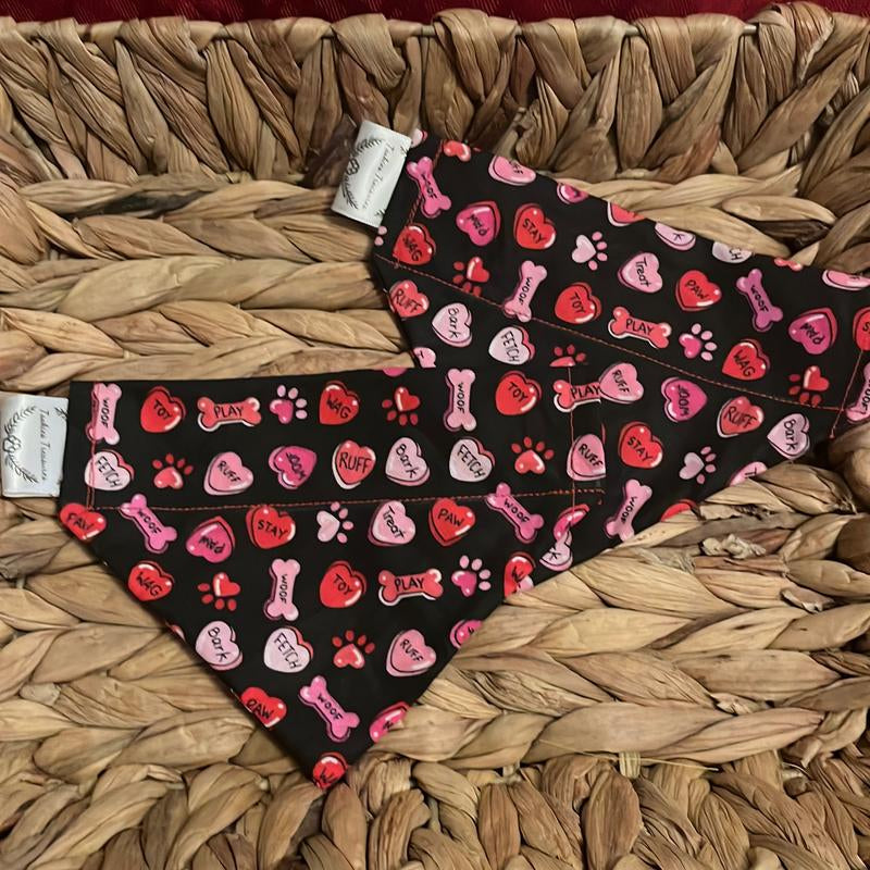 Valentines over the Collar Pet Bandana Cute Design with Hearts, Paws and Bones