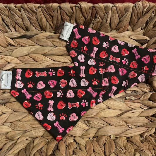 Valentines over the Collar Pet Bandana Cute Design with Hearts, Paws and Bones