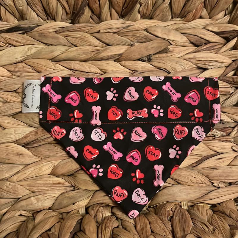 Valentines over the Collar Pet Bandana Cute Design with Hearts, Paws and Bones