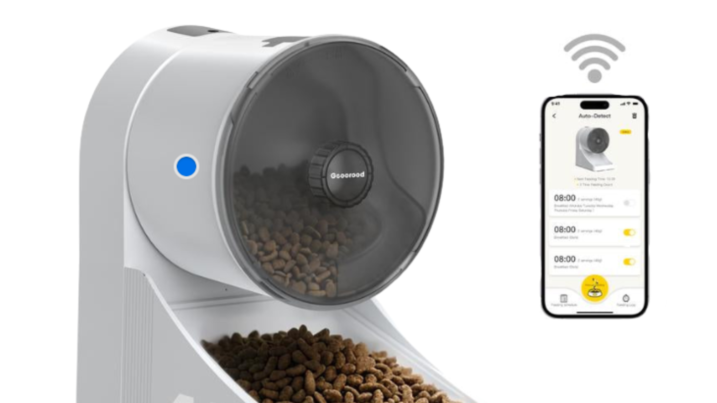 An automated cat bowl connected over a wifi signal to a cell phone. The application on the cell phone shows the time to dispense food.