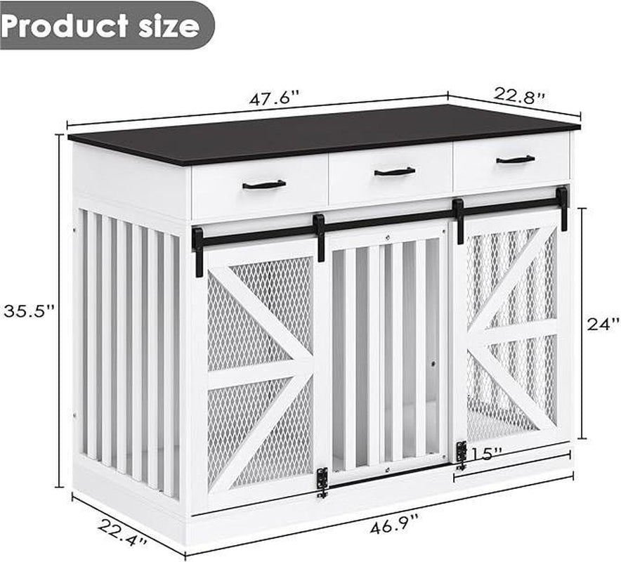 Multifunctional Three-Drawer Iron Mesh Barn Door with Adjustable Partitions Large Dog Cage 2-In-1 Farmhouse Dog Crate Furniture - Large Dog Kennel with Drawers Storage