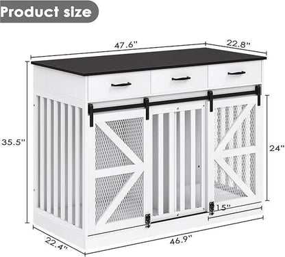 Multifunctional Three-Drawer Iron Mesh Barn Door with Adjustable Partitions Large Dog Cage 2-In-1 Farmhouse Dog Crate Furniture - Large Dog Kennel with Drawers Storage