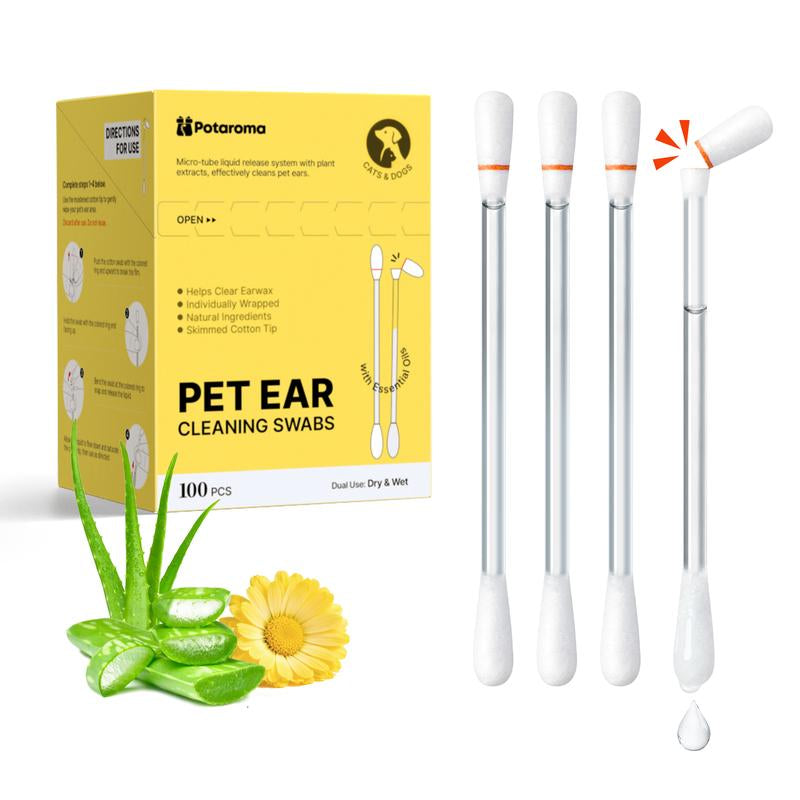 Potaroma Pet Ear Cleaning Cotton Swabs – Earwax & Odor Remover for Cats & Dogs, Individually Wrapped, Break-To-Release Liquid, Dry/Wet Dual-Use, 100 Pack with Aloe, Witch Hazel & Chamomile Formula