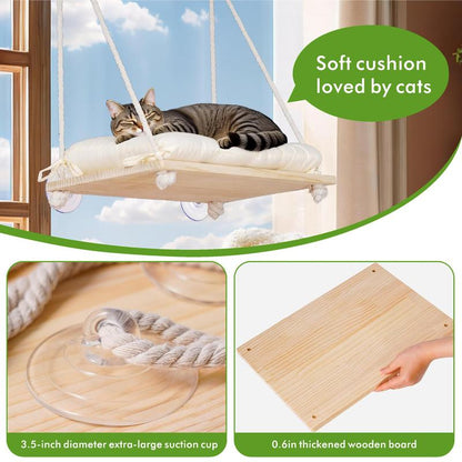 Cat Window Perch - Hammock Bed for Cats inside - Solid Wood Seat, 4 Strong Suction Cups, Soft Cushion - Rustic Indoor Pet Shelf