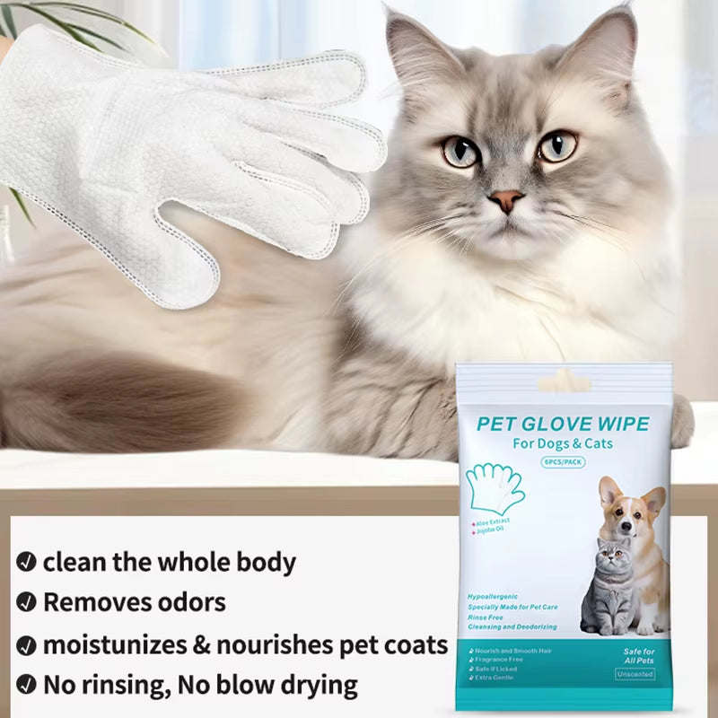 New 6PCS Pet Wash-Free Gloves Cat Bath Deodorant Wipes Disposable Cleaning Dry Cleaning Dog Wipes Gentle and Convenient Gloves