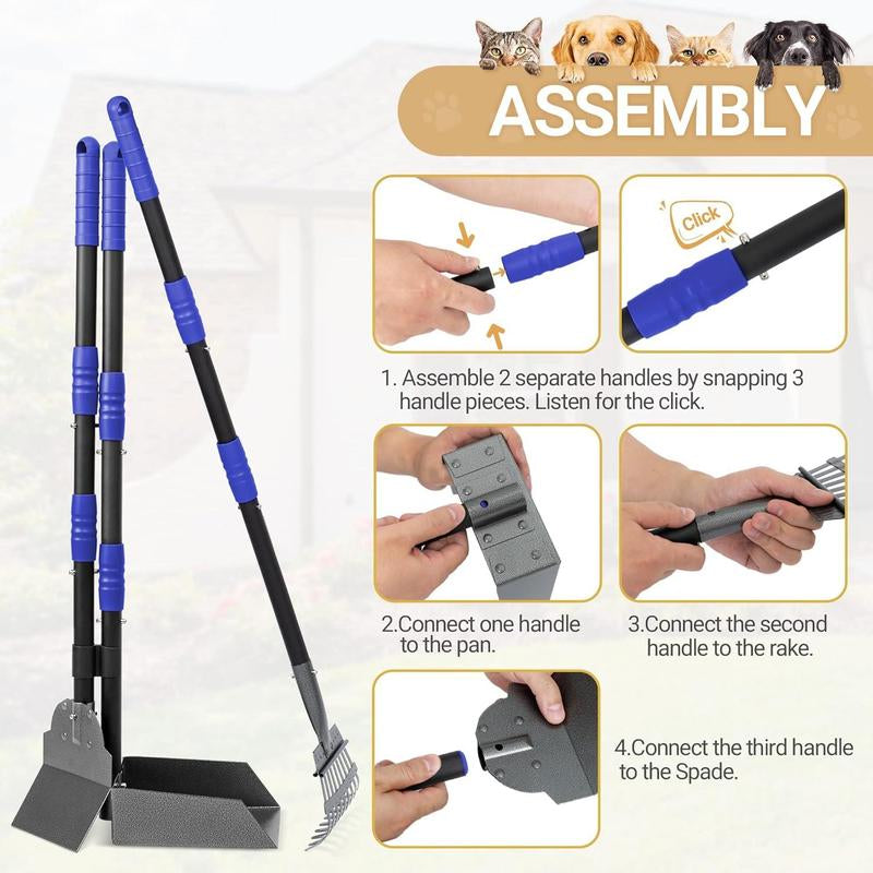 Ultimate Dog Waste Cleanup Kit - Adjustable Stainless Steel Handles - Includes Pooper Scooper, Poop Tray, and Rake Set Swivel Pooper