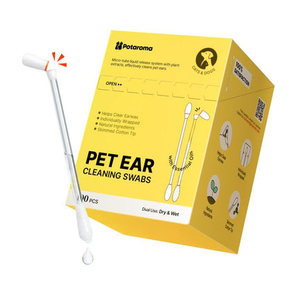 Potaroma Pet Ear Cleaning Cotton Swabs – Earwax & Odor Remover for Cats & Dogs, Individually Wrapped, Break-To-Release Liquid, Dry/Wet Dual-Use, 100 Pack with Aloe, Witch Hazel & Chamomile Formula