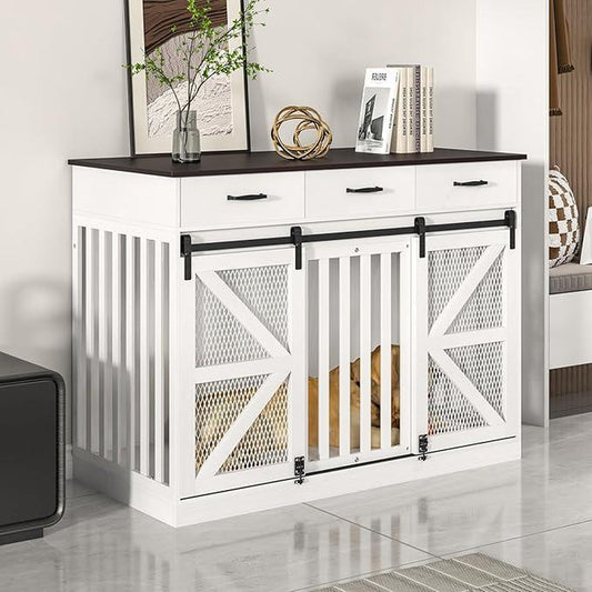 Multifunctional Three-Drawer Iron Mesh Barn Door with Adjustable Partitions Large Dog Cage 2-In-1 Farmhouse Dog Crate Furniture - Large Dog Kennel with Drawers Storage