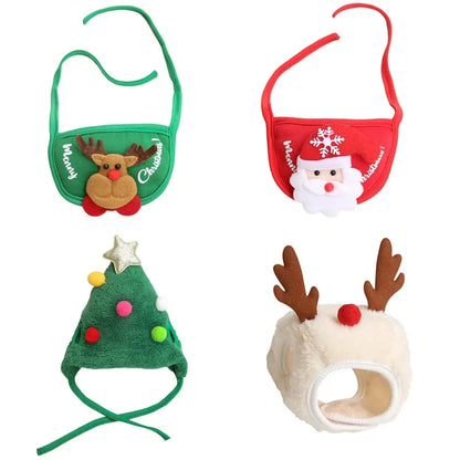 Christmas Puppy Dog Cat Costume Xmas Cat Santa Elk Hat with Bandana Bib Scarf Set Cat Accessories Pet Holiday Dress up Supplies