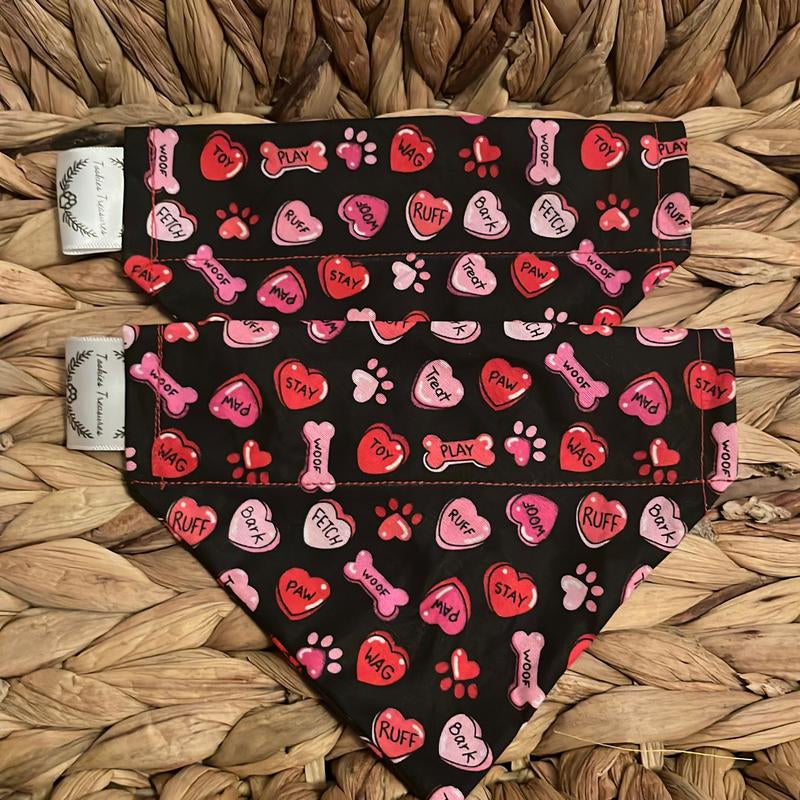 Valentines over the Collar Pet Bandana Cute Design with Hearts, Paws and Bones