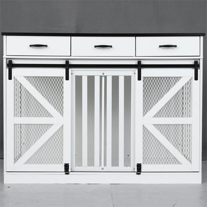 Multifunctional Three-Drawer Iron Mesh Barn Door with Adjustable Partitions Large Dog Cage 2-In-1 Farmhouse Dog Crate Furniture - Large Dog Kennel with Drawers Storage