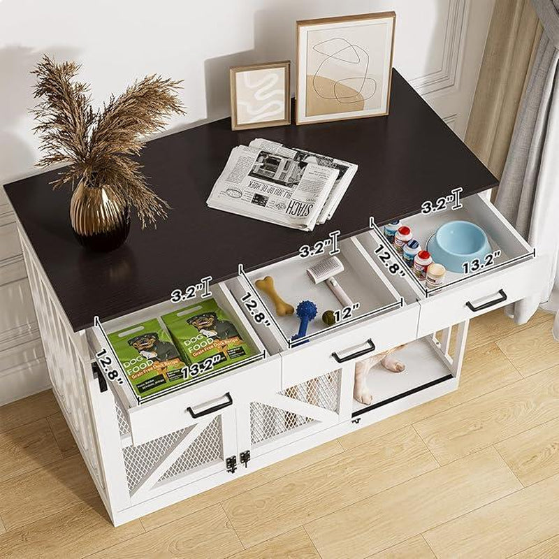 Multifunctional Three-Drawer Iron Mesh Barn Door with Adjustable Partitions Large Dog Cage 2-In-1 Farmhouse Dog Crate Furniture - Large Dog Kennel with Drawers Storage