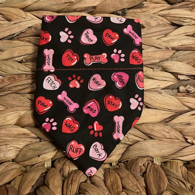 Valentines over the Collar Pet Bandana Cute Design with Hearts, Paws and Bones